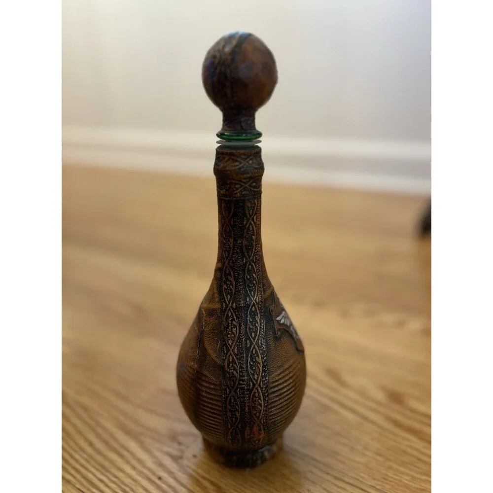 Italian Leather Wrapped Glass Decanter Wine Bottle Lion Pendant - EMPTY Vintage